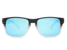 Sunglasses with black frame and blue-tinted lenses on a white background