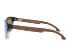 Sunglasses with wooden frame and reflective lenses on a white background
