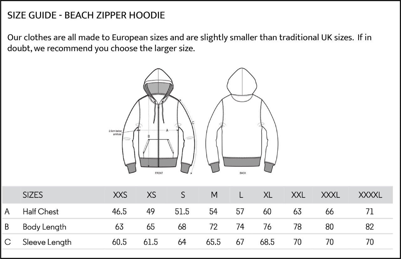 Size guide for a beach zipper hoodie with measurements in centimeters.