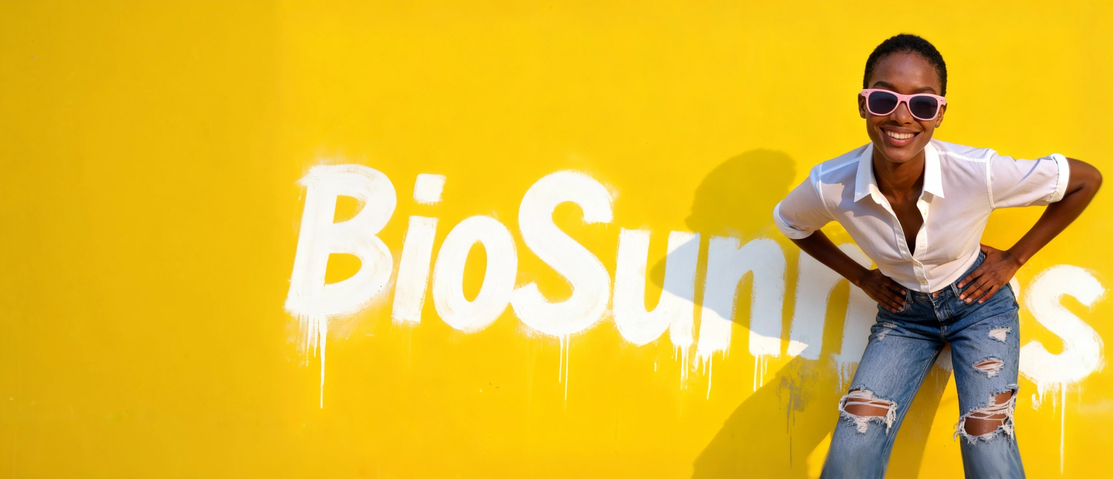 woman wearing sunglasses and a white shirt with 'BioSunnies' text on a yellow background