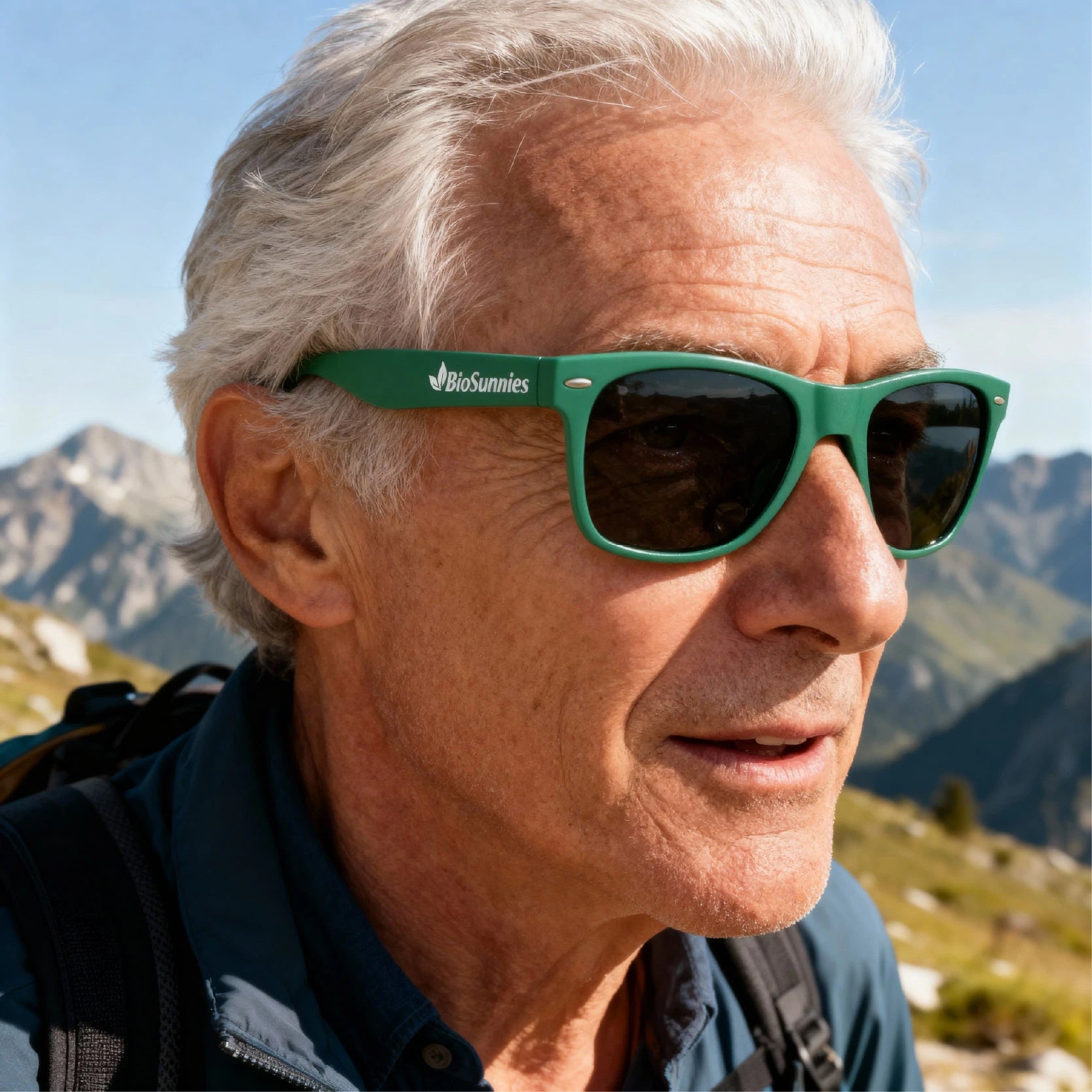 Man wearing green BioSunnies sunglasses with a mountainous landscape in the background