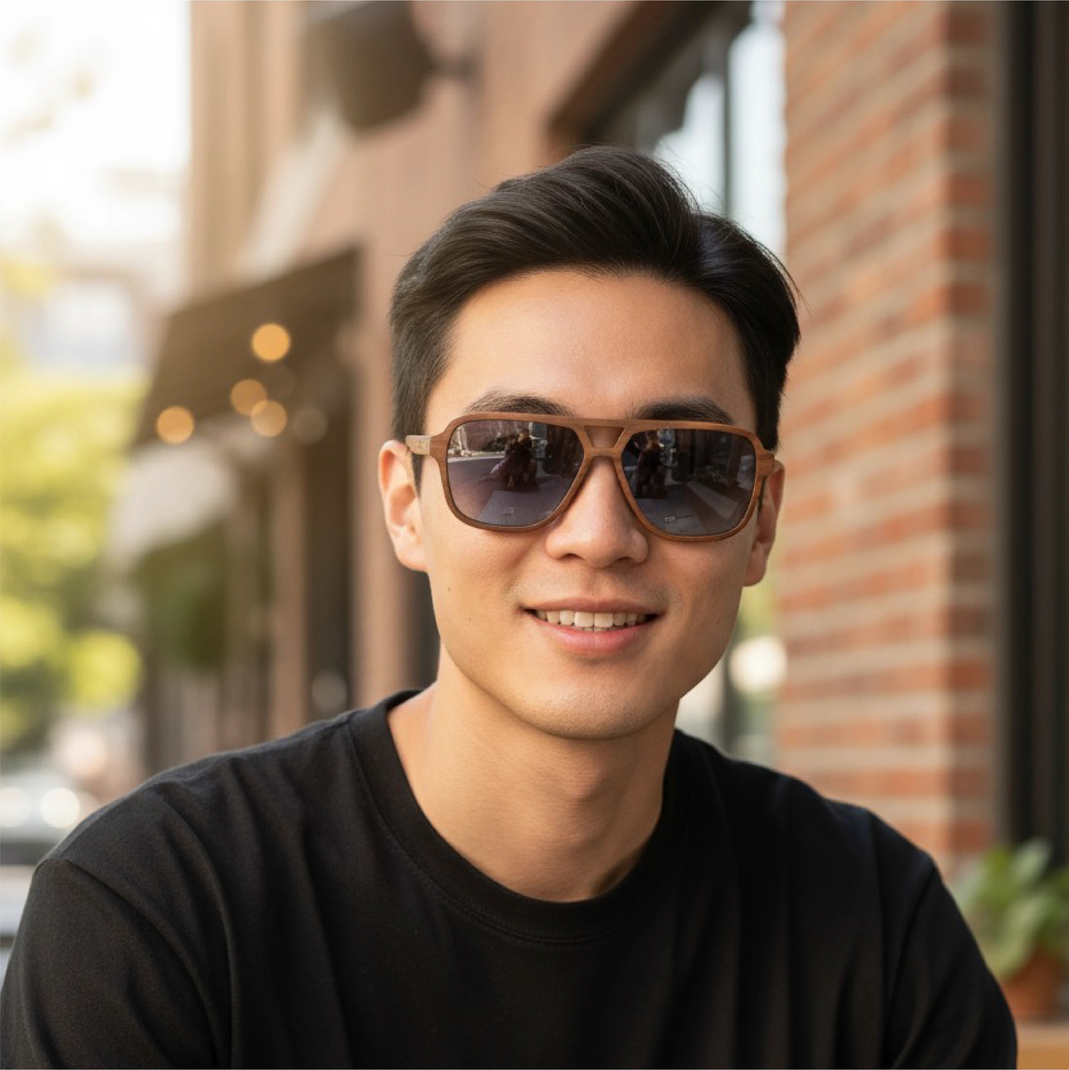 Man wearing Wildwood Aviator sunglasses with a blurred street background