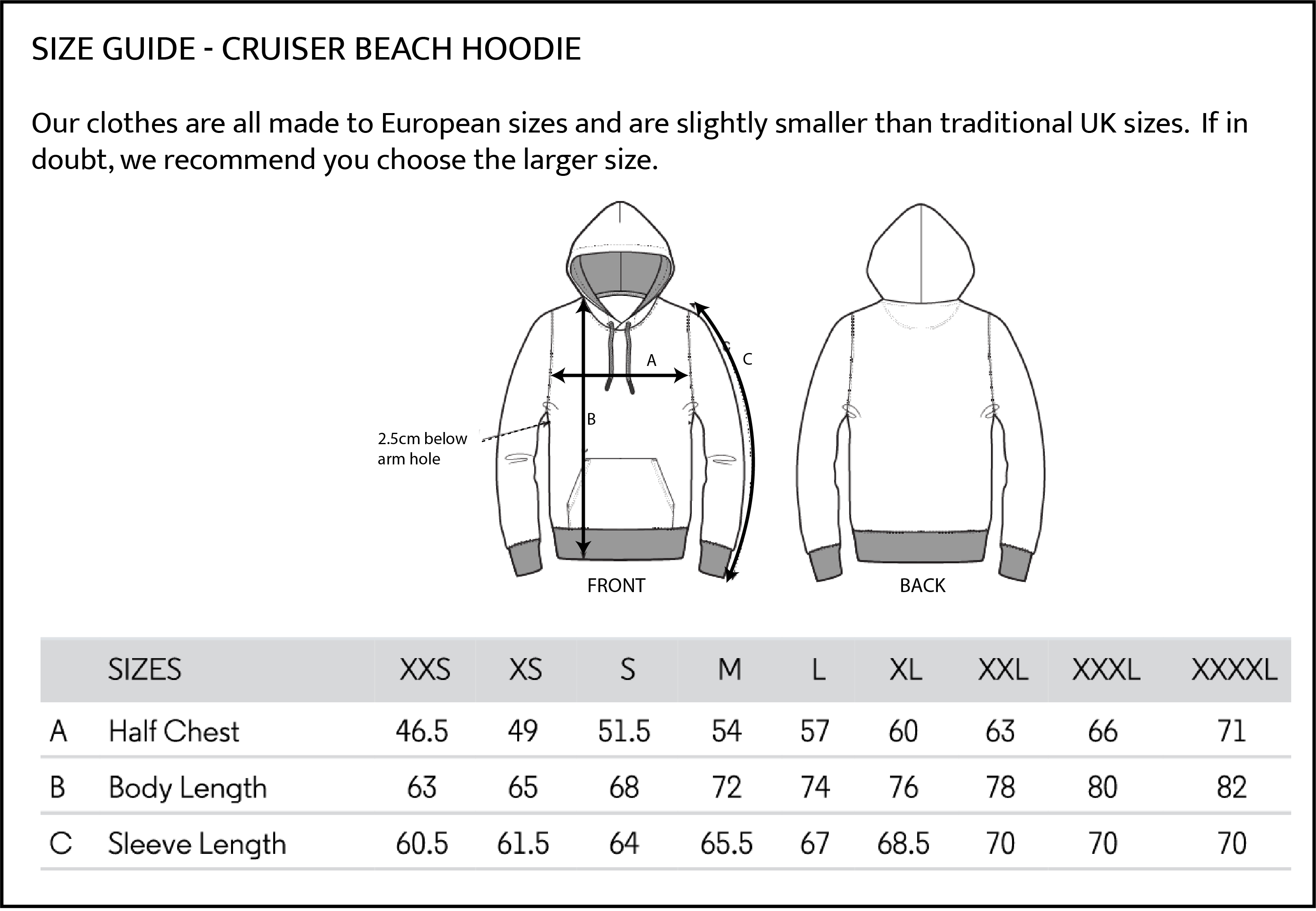 Adult hoodie size guide