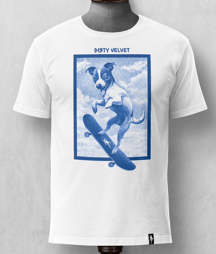 Dirty Velvet T-Shirt - Skate Dog (Blue) White - Clothing by Dirty Velvet