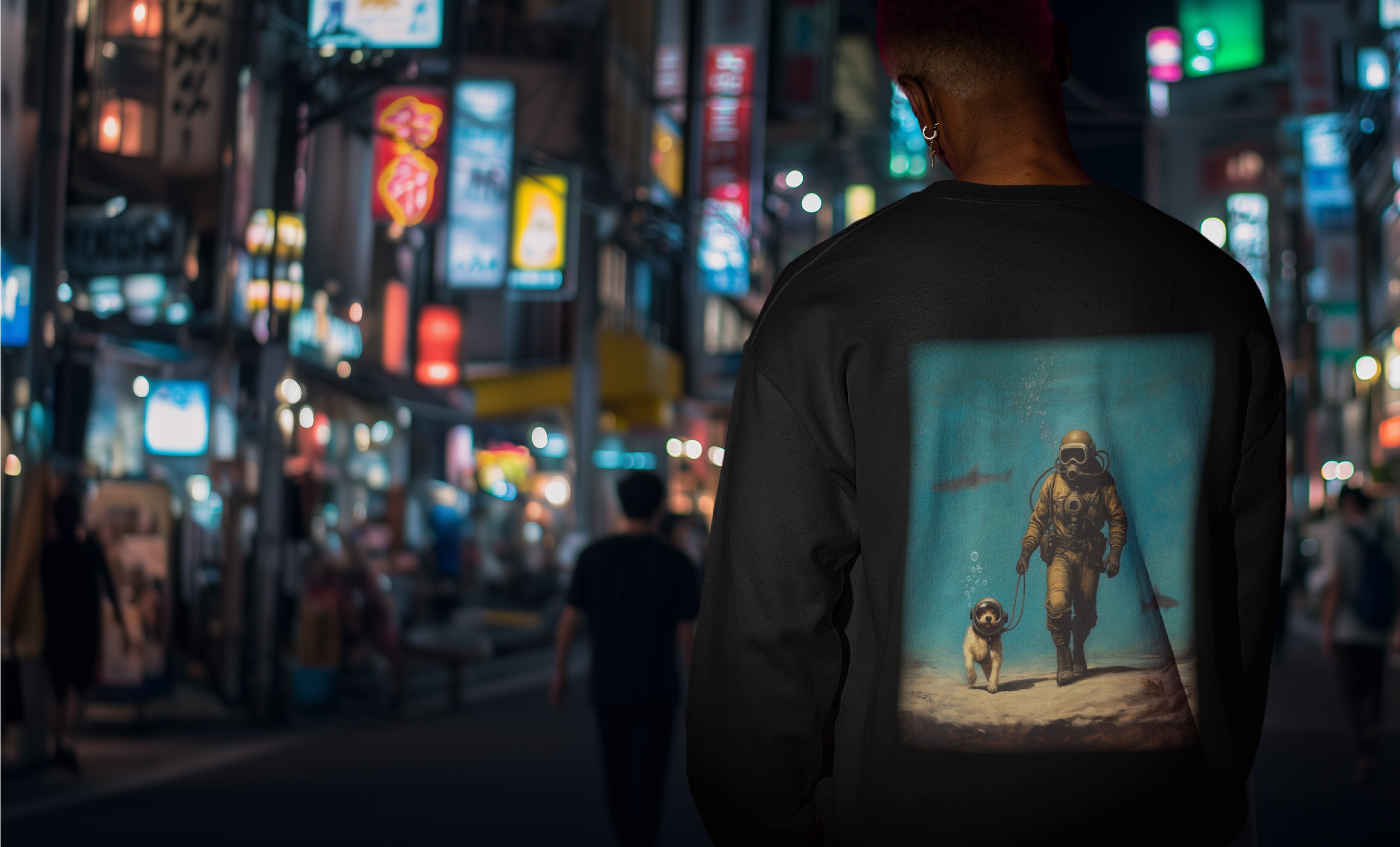 Man walking through a busy street with a diver dog t-shirt