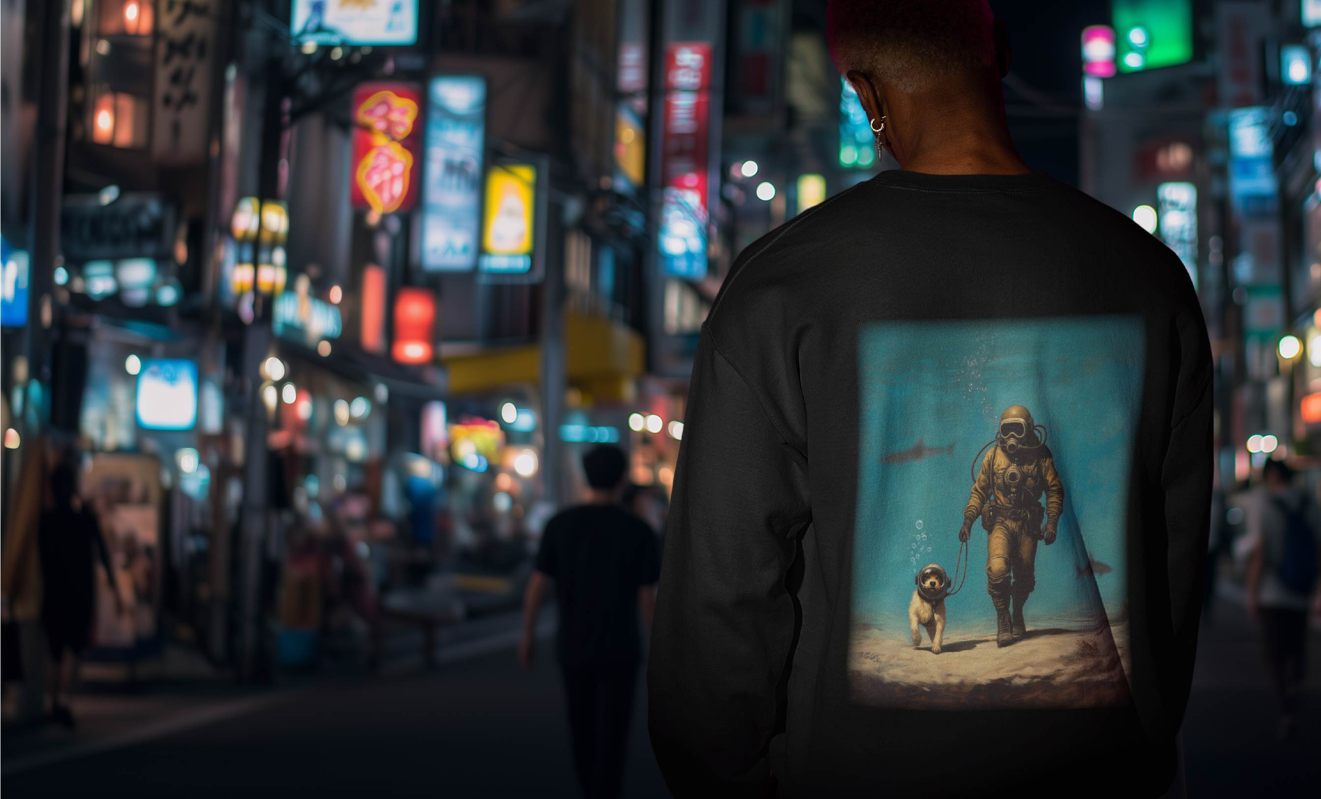 Man standing in busy street wearing an Epic Tee