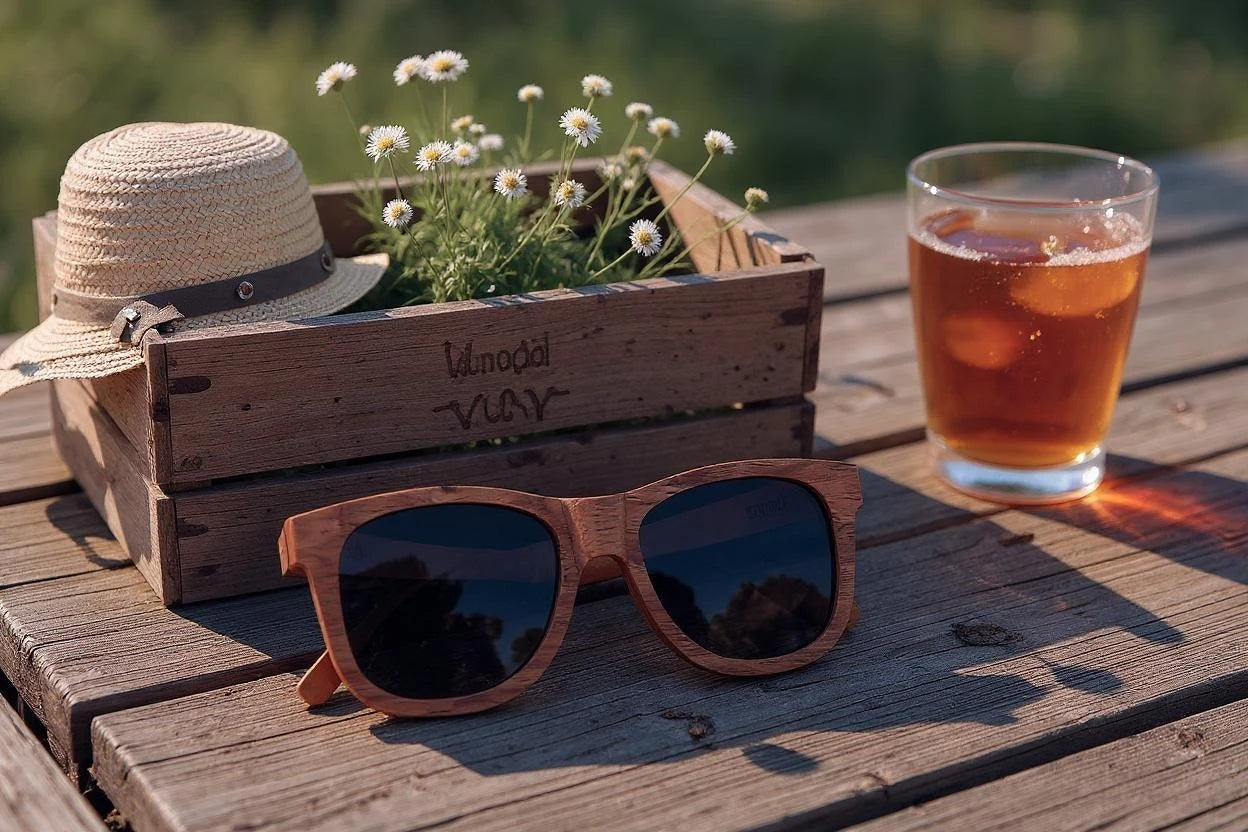 Wooden crate with a hat, sunglasses, and a glass of iced tea on a wooden surface.