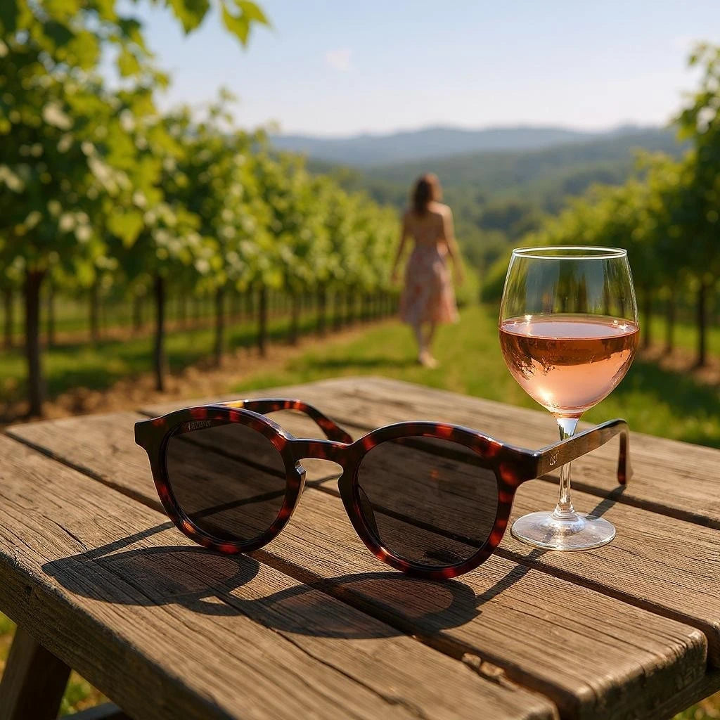 Sunglasses and a glass of wine on a wooden table with a vineyard background