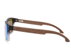 Sunglasses with wooden frame and reflective lenses on a white background