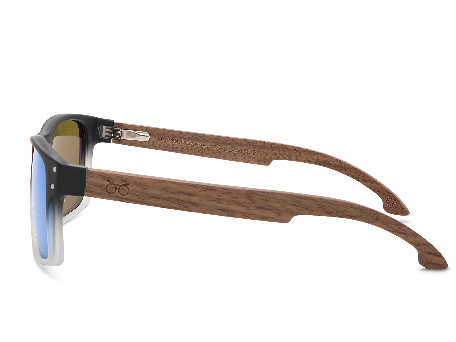 Sunglasses with wooden frame and reflective lenses on a white background