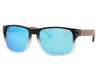 Sunglasses with blue lenses and black frame on a white background
