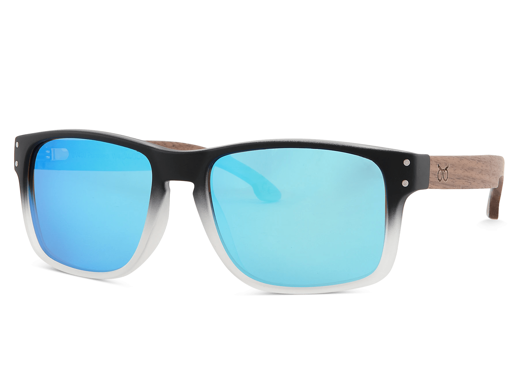 Sunglasses with blue lenses and black frame on a white background