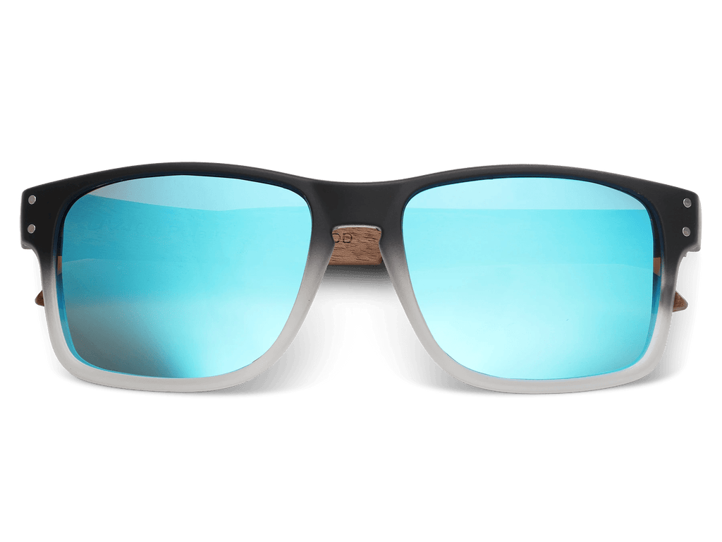 Sunglasses with black frame and blue mirrored lenses on a white background
