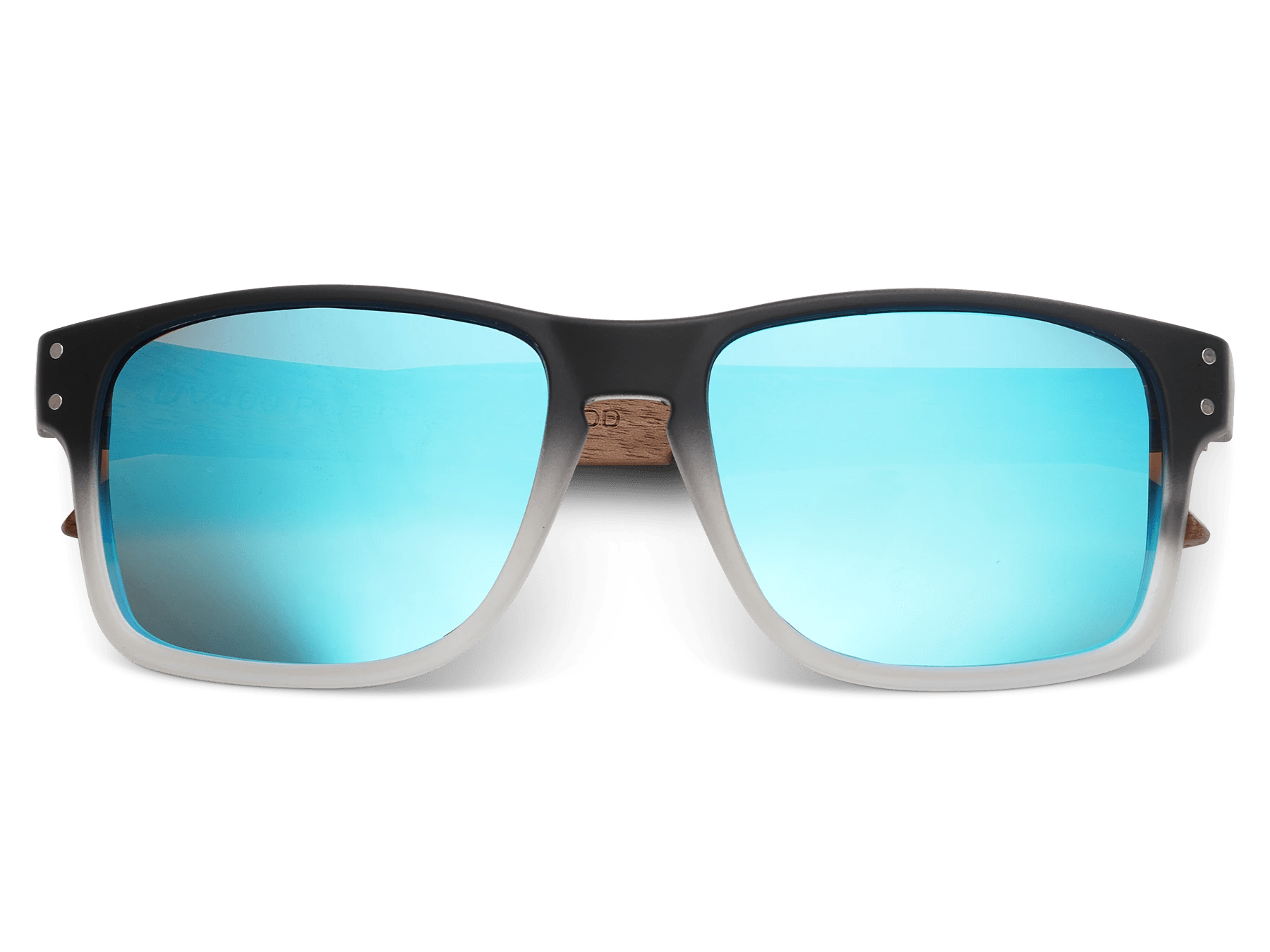 Sunglasses with black frame and blue mirrored lenses on a white background