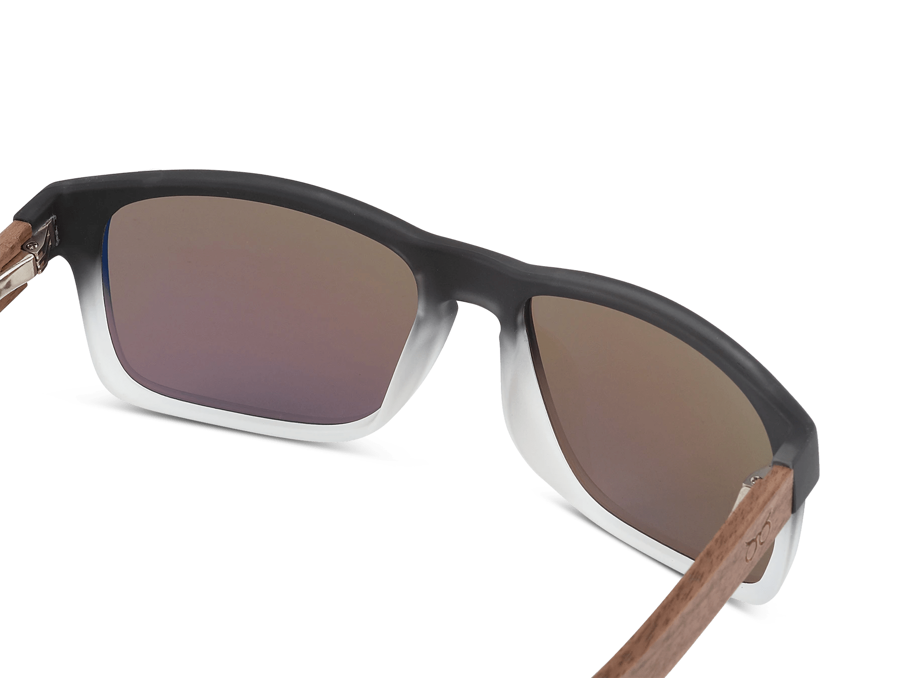 Sunglasses with brown gradient lenses and wooden arms on a white background