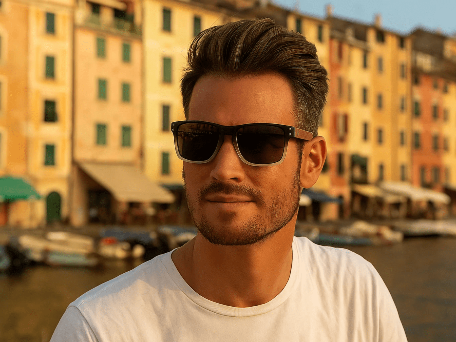 Man wearing sunglasses with a colorful building background