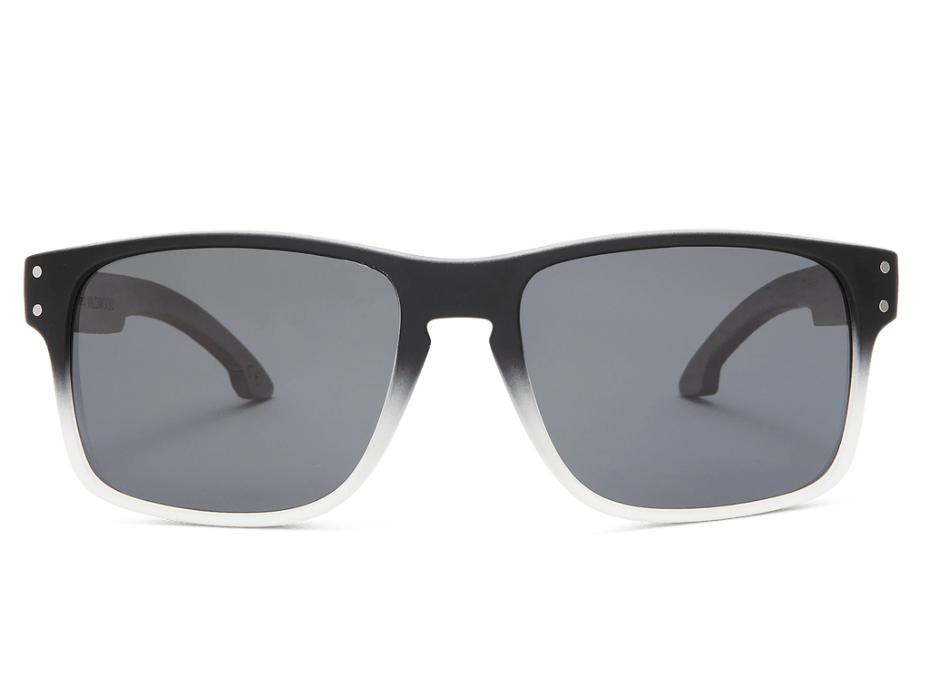 Black sunglasses with gray lenses on a white background