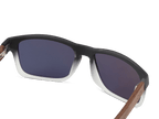 Sunglasses with black frame and wooden arms on a white background
