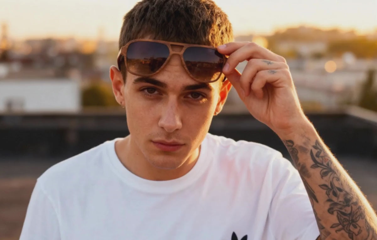 Man wearing Wildwood Aviator sunglasses with a blurred cityscape background