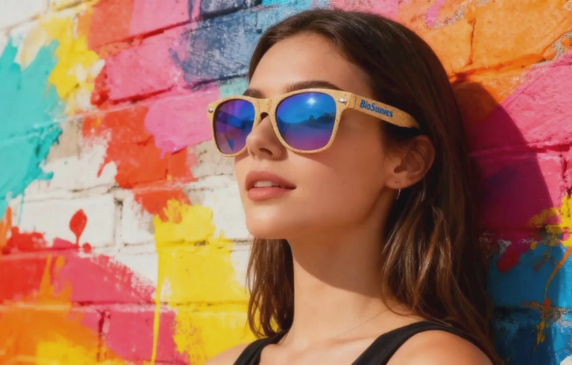 Woman standing against a colourful wall wearing BioSunnies