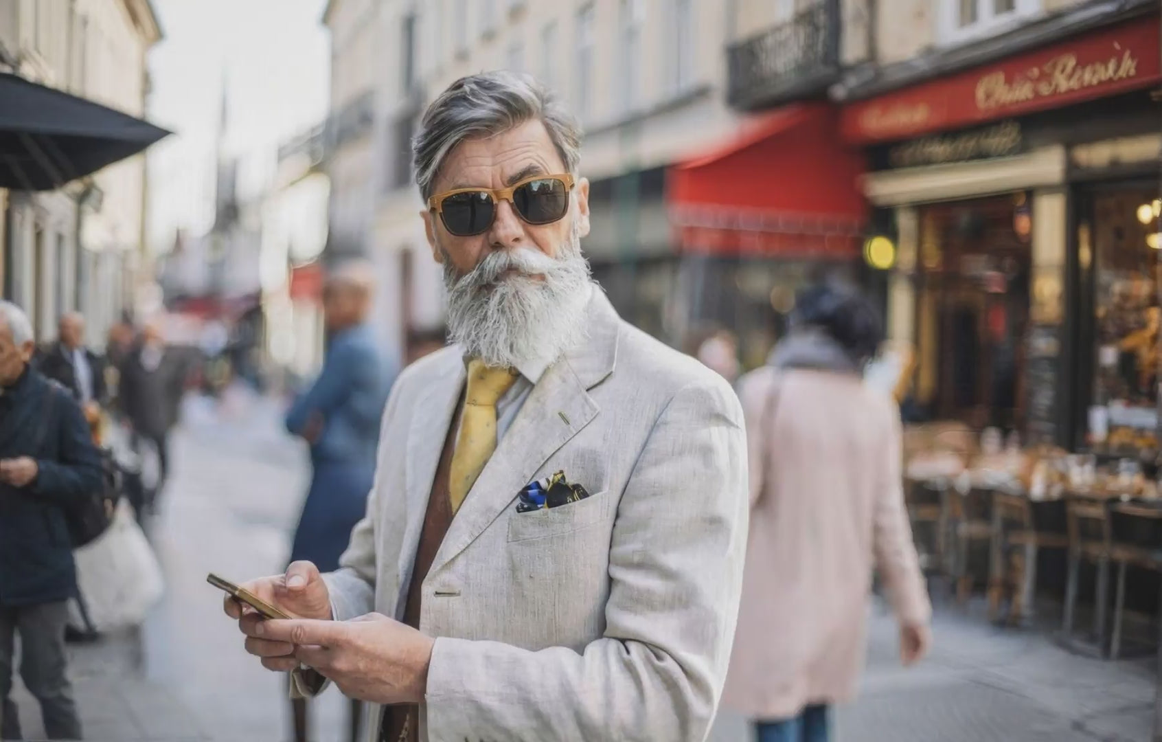 Distinguished man wearing Wildwood sunglasses is talking on the phone on a busy street