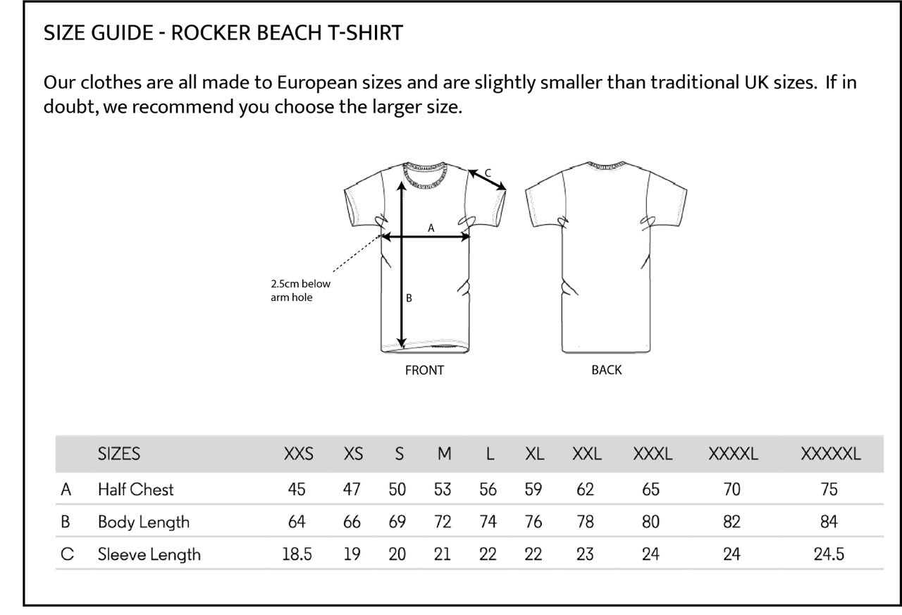 Size guide for Rocker Beach t-shirts with measurements and chart.