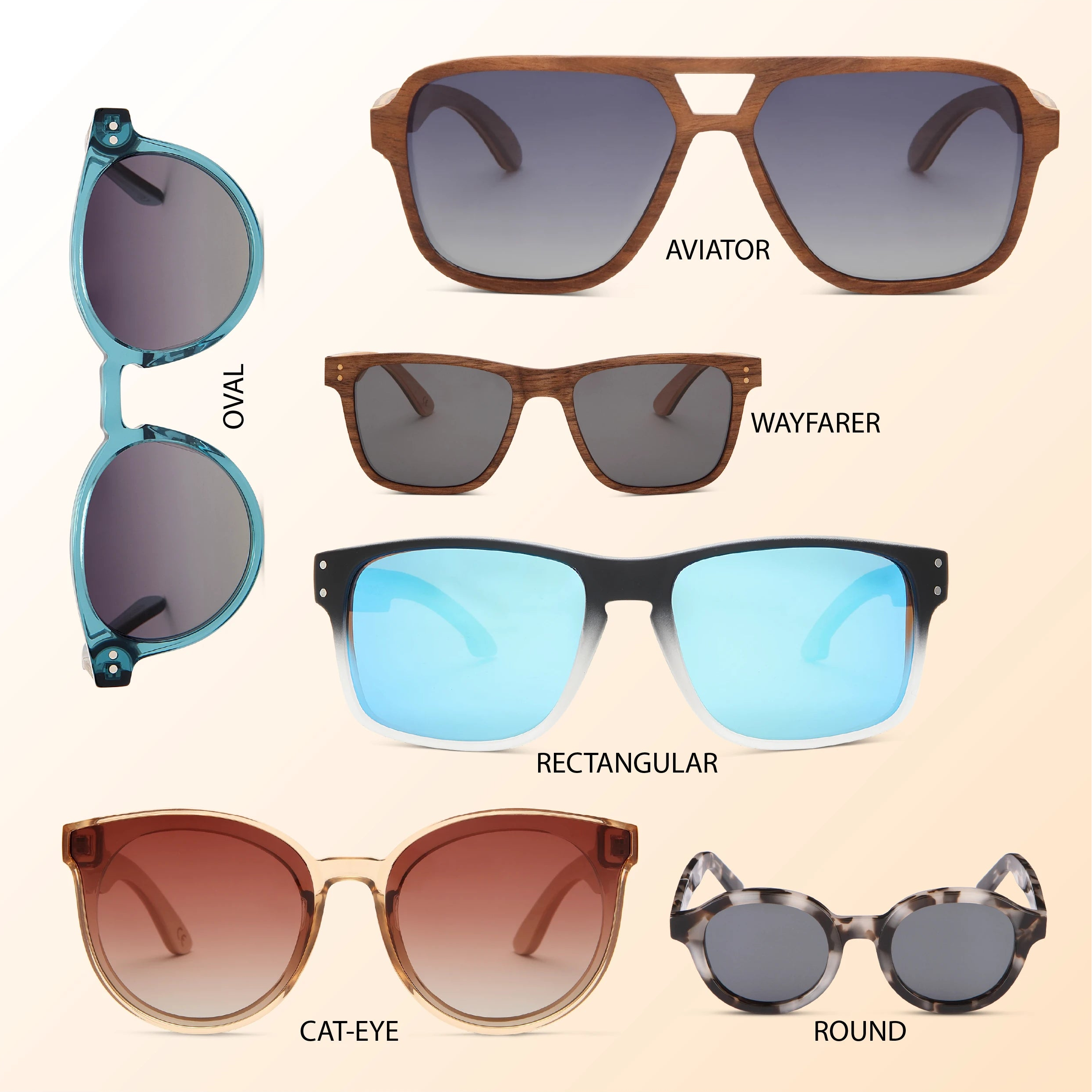Collection of sunglasses with different shapes on a beige background