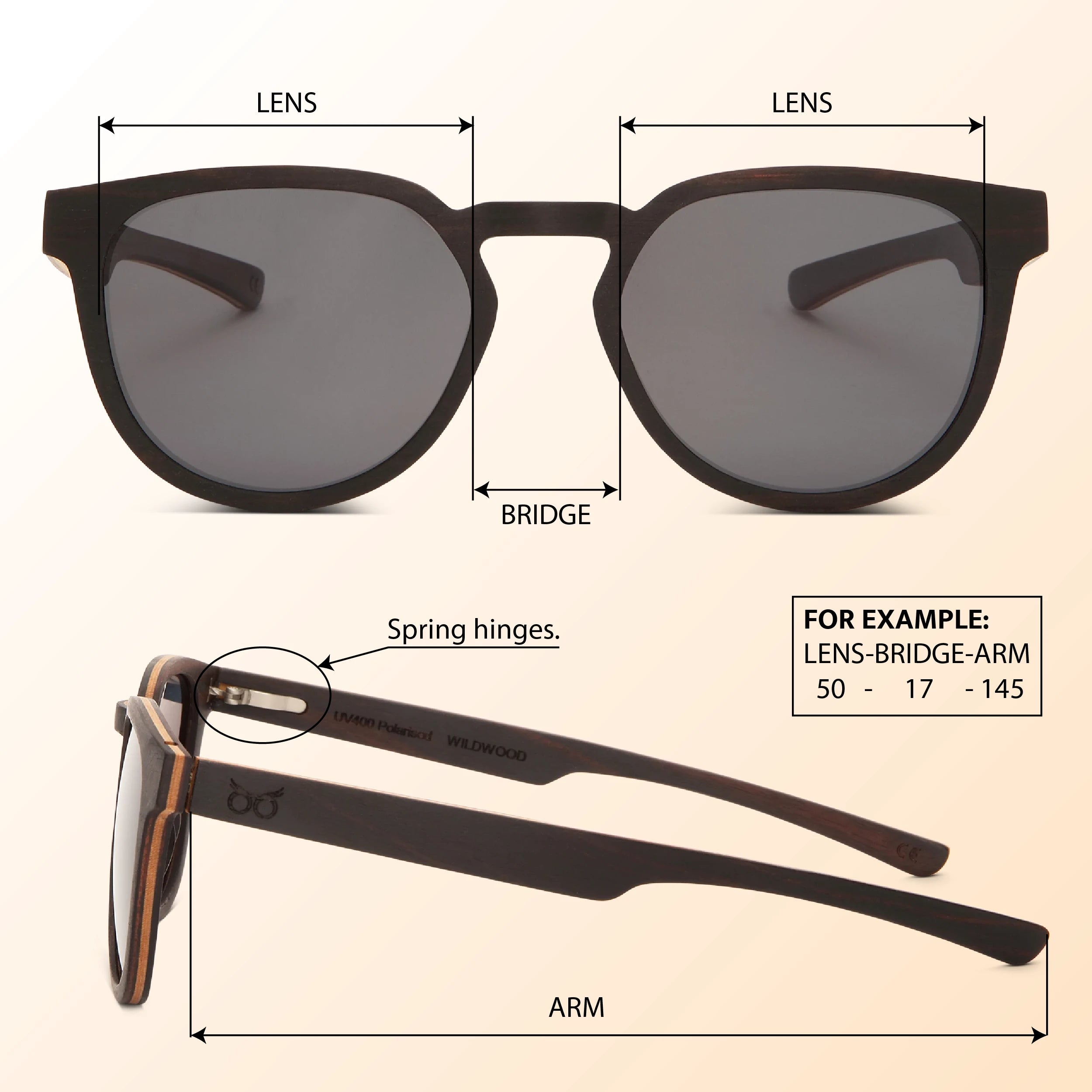 Sunglasses with labeled parts and measurement details on a beige background