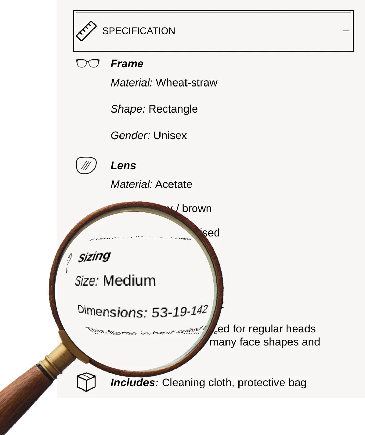 Product specifications with a magnifying glass highlighting text