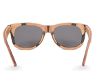 Wooden-framed sunglasses with dark lenses on a white background