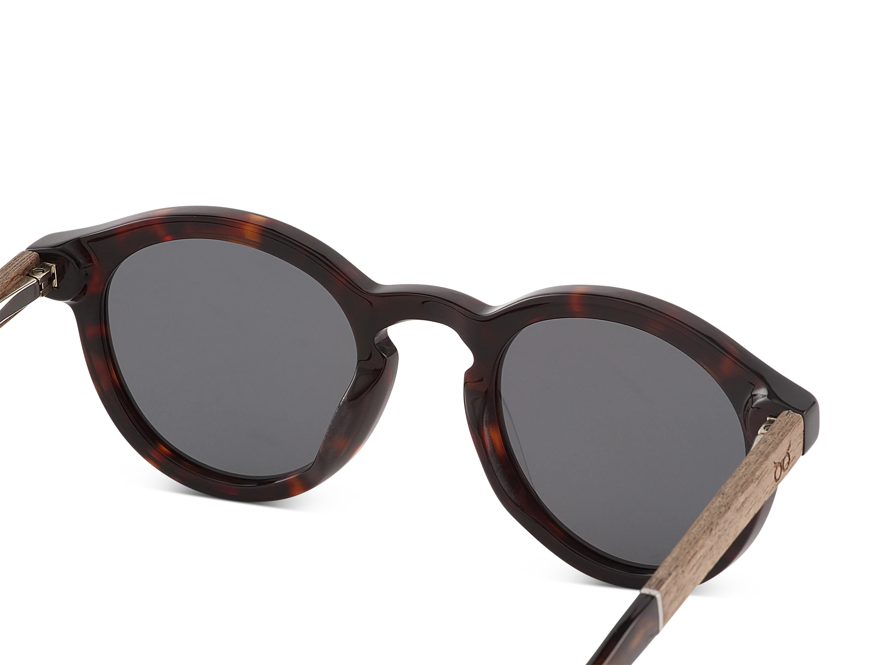 Sunglasses with tortoiseshell frame and dark lenses on a white background