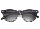 Sunglasses with blue tortoiseshell frame and dark lenses on a white background