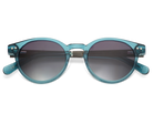 Teal sunglasses with dark lenses on a white background