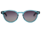Blue sunglasses with dark lenses on a white background