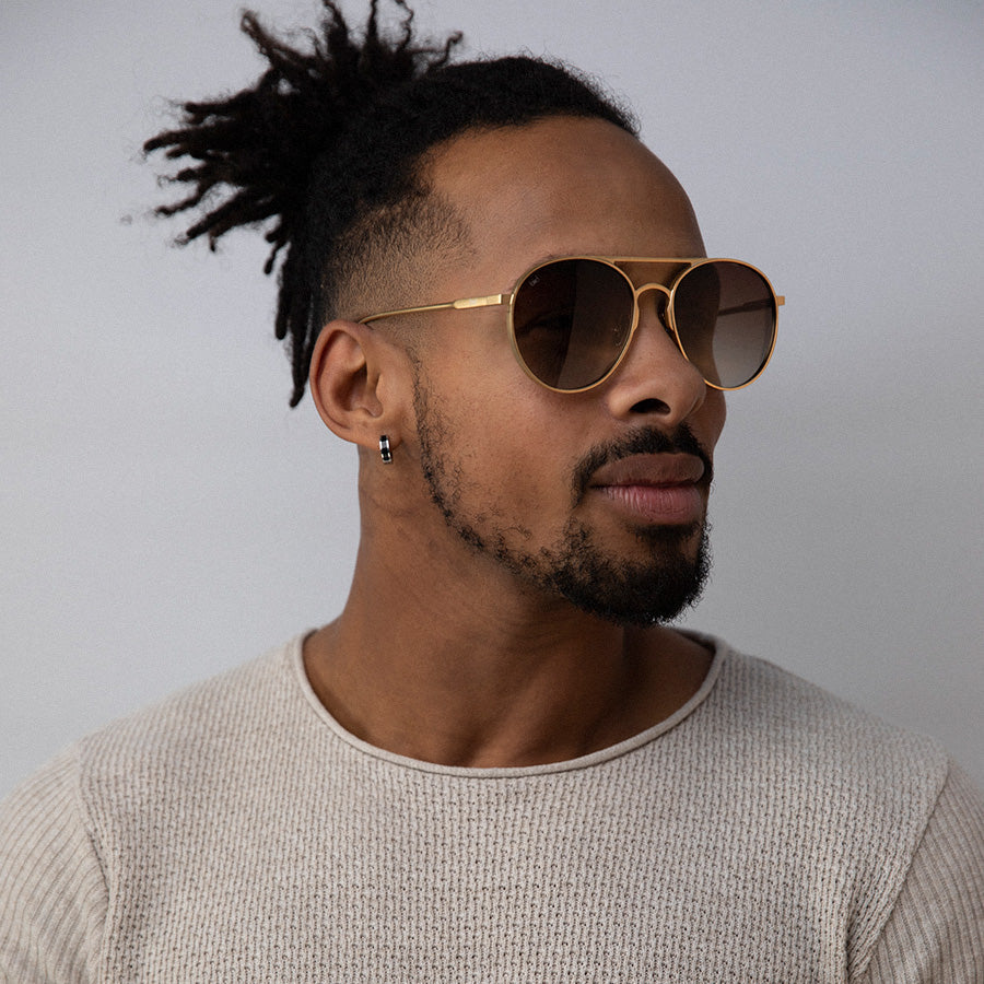 Black man wearing large aviator sunglasses with polarised lenses