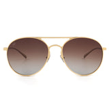 Front view of gold large aviator sunglasses with polarised lenses