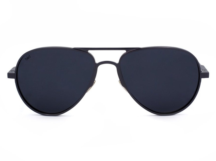 front view of black aviator sunglasses with polarised lenses