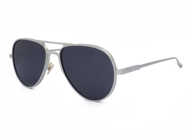 side view of silver aviator sunglasses with polarised lenses